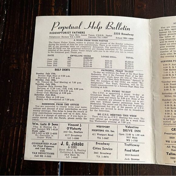 Redemptorist Church Bulletin (Vintage 7/22/1960) - Picture 2 of 4